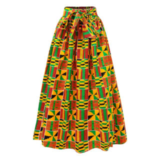 Jupe mi-longue colorée de zébrures jaune, rouge, vert et noir