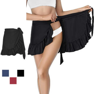Jupe de bain portefeuille noire portée par une femme avec un maillot de bain blanc. Aperçu de autres couleurs rouge, bleu
