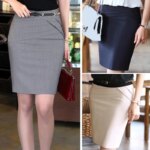3 jupes de tailleur grise, bleue et beige portées par une femme