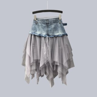 Jupe trapèze en dentelle patchwork jean taille haute