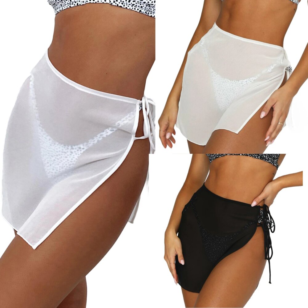 Photo de trois corps de femme portant des variations de couleur pour la même jupe de plage transparente nouée à la taille et fendue une blanche,en grand devant et en second plan et une noire