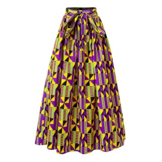 Jupe longue motifs africains et de coloris jaune, violet et noir
