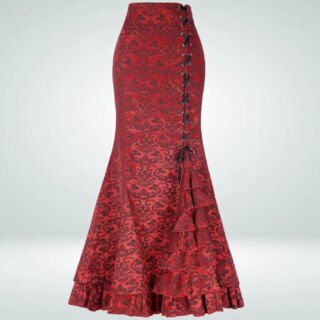Photo d'une jupe rouge sirène vintage longue boutonnée devant sur le coté gauche