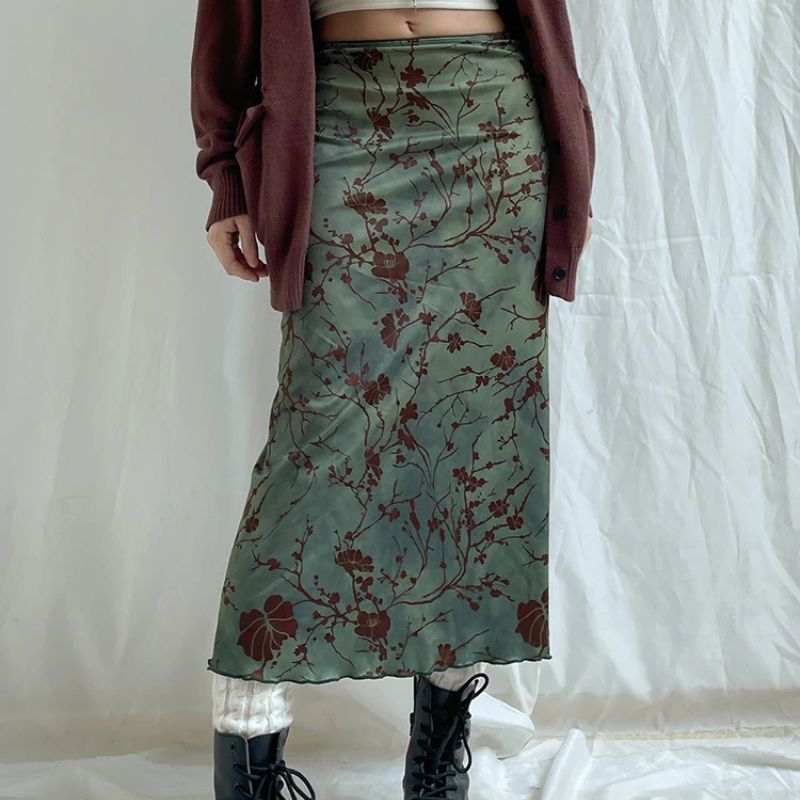 Jupe Vintage Verte Élégante à Imprimé Floral