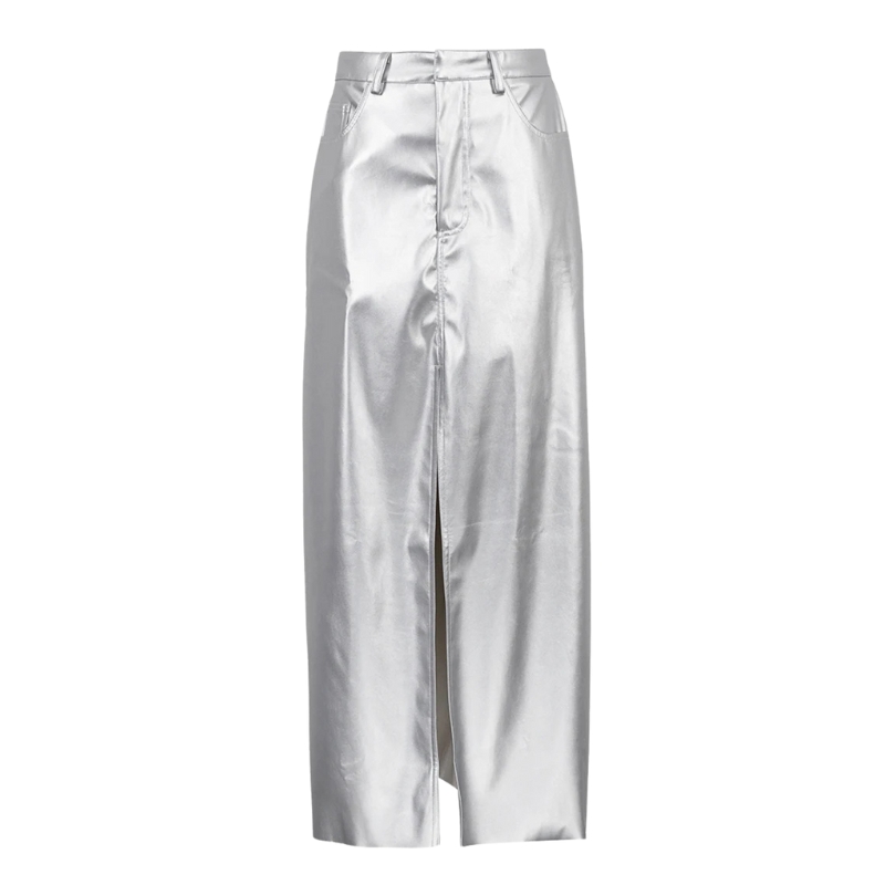 Jupe Simili Cuir Argentée Élégante et Moderne sur fond blanc