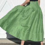 Jupe Verte Longue Évasée avec Taille Haute