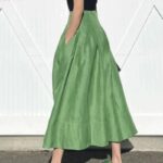 Jupe Verte Longue Évasée avec Taille Haute