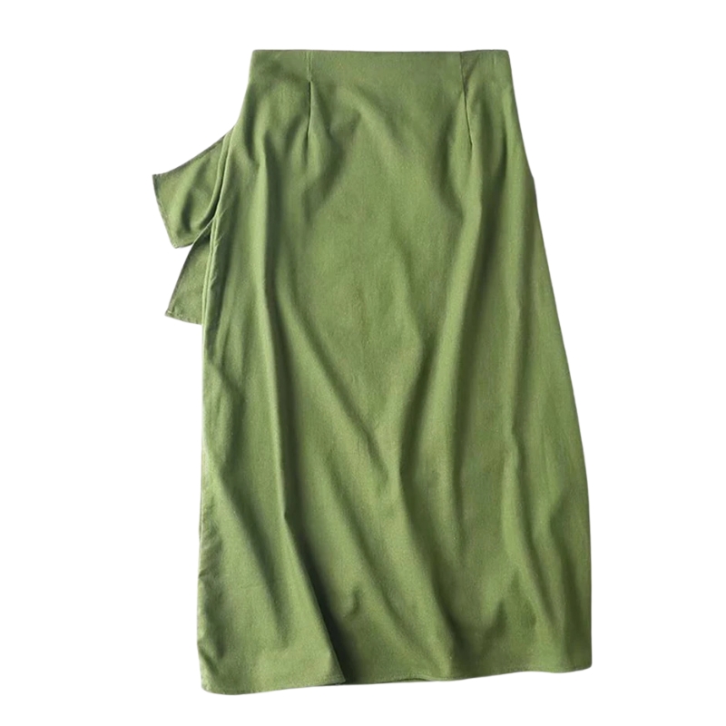 Jupe Verte Mi-Longue avec Nœud Latéral