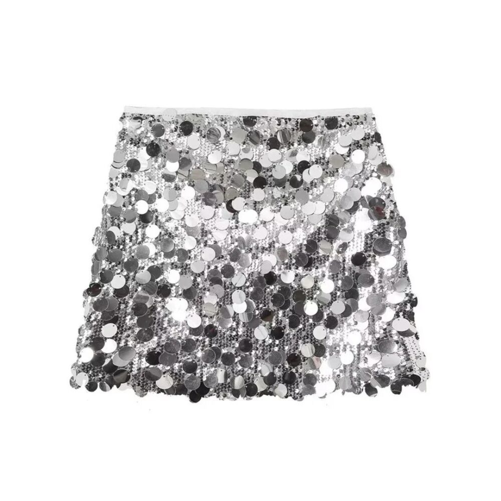 Jupe à Sequins Courte et Argentée sur fond blanc