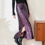 Jupe à Sequins Fendue en Cuir