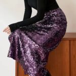 Jupe à Sequins Fendue en Cuir